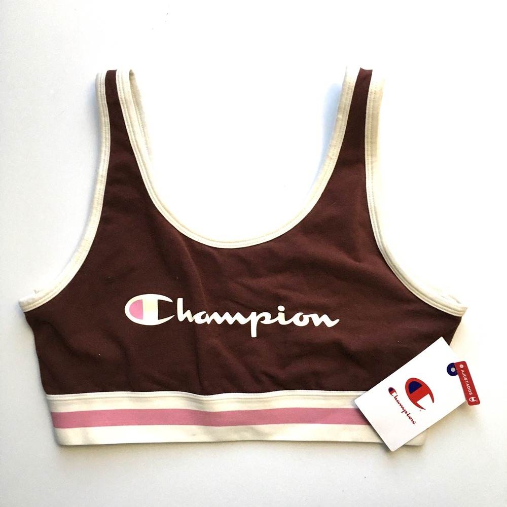 Champion Women Sports Bra Top Logo Band Brown Pink White Size L